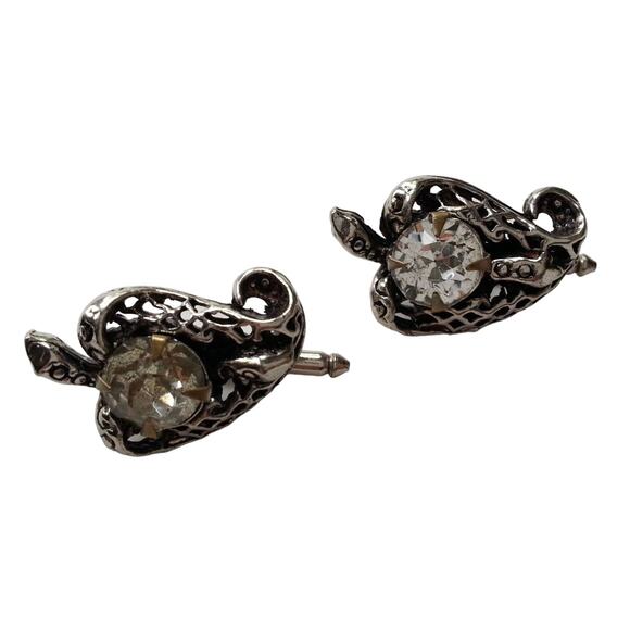 Snake Reptile Crystal Tuxedo Shirt Buttons Cufflinks Silver Tone Rhinestone Vtg - Picture 5 of 11